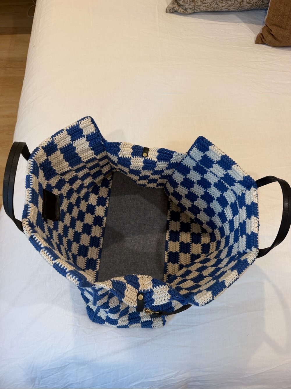Clare V.  Summer Simple Tote. Blue / Cream Crochet Checker. - Picture 7 of 7